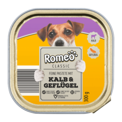 Romeo-Plnohodnotné krmivo pro psy, telecí & drůbež,vanička,300 g