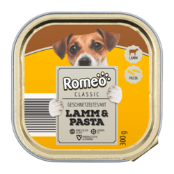 Romeo-Plnohodnotné krmivo pro psy, jehněčí a těstoviny,vanička,300g