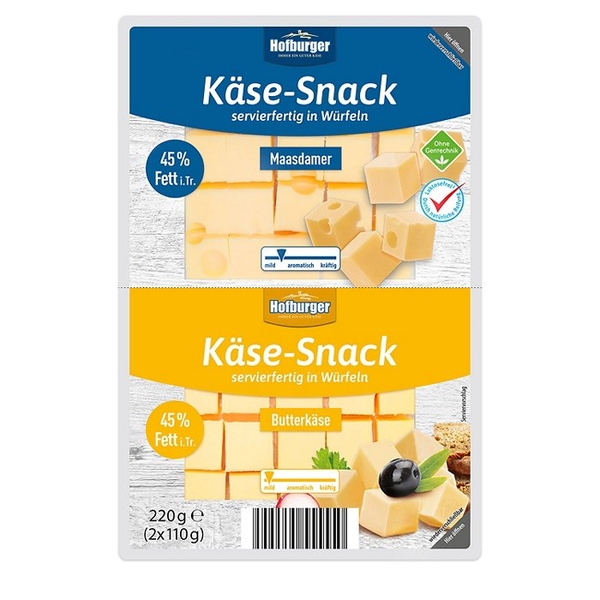 HOFBURGER sýrové kostky Maasdamer a Butterkäse  45 % tuku 220 g