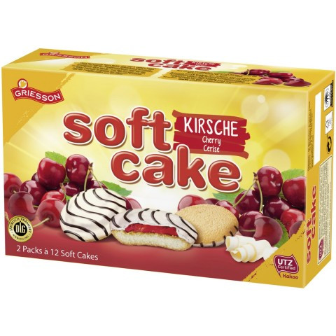 Soft Cake piškoty s bílou a čokoládovou polevou a třešňovou náplní  300g
